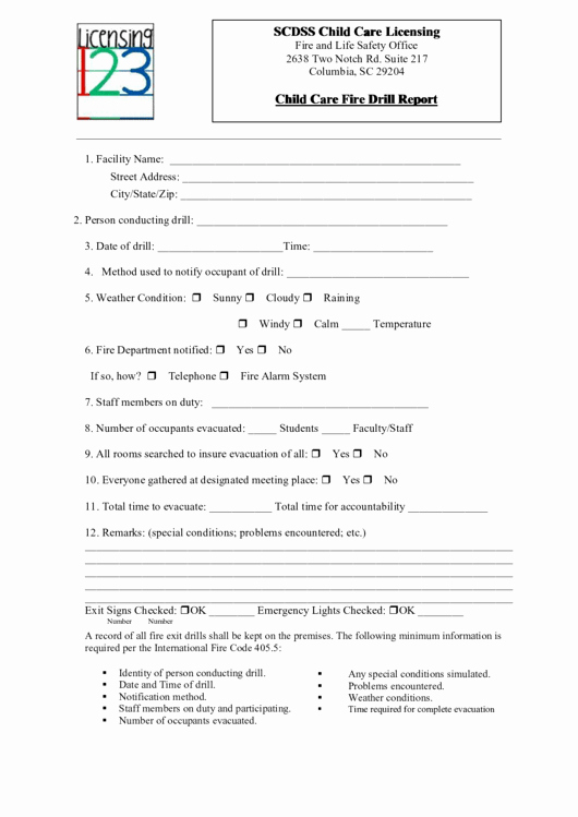 Fire Drill Report Template Unique Child Care Fire Drill Report Template Scdss Child Care