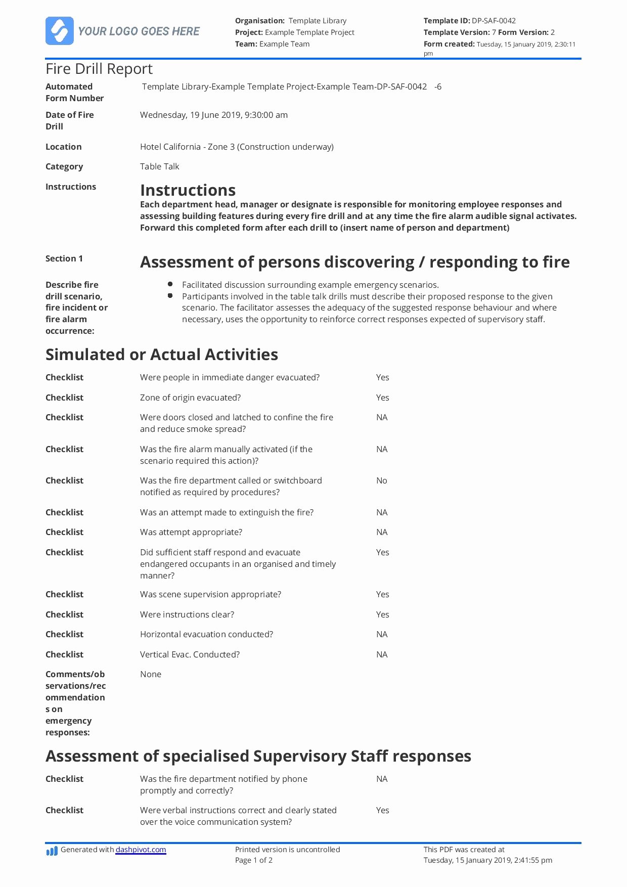 Fire Report Template Beautiful Free Fire Drill Report Template Use Customise