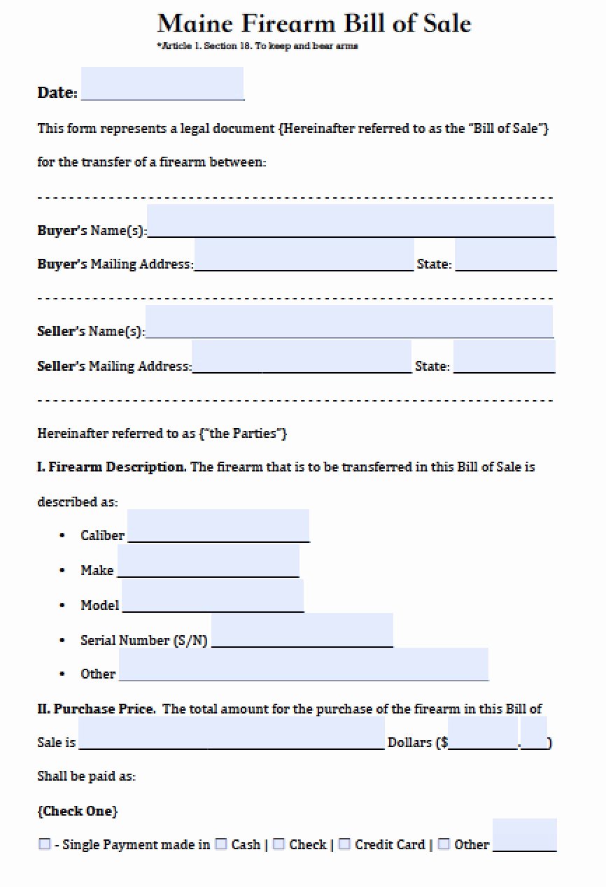 Firearm Bill Of Sale Word Doc Awesome Free Maine Firearm Bill Of Sale form Pdf