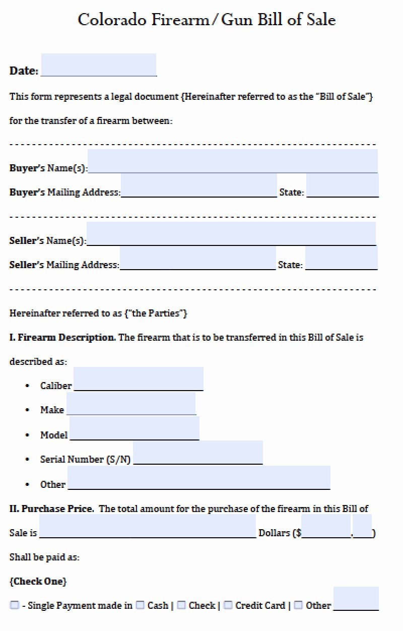 Firearm Bill Of Sale Word Doc Fresh Free Colorado Gun Firearm Bill Of Sale form Pdf