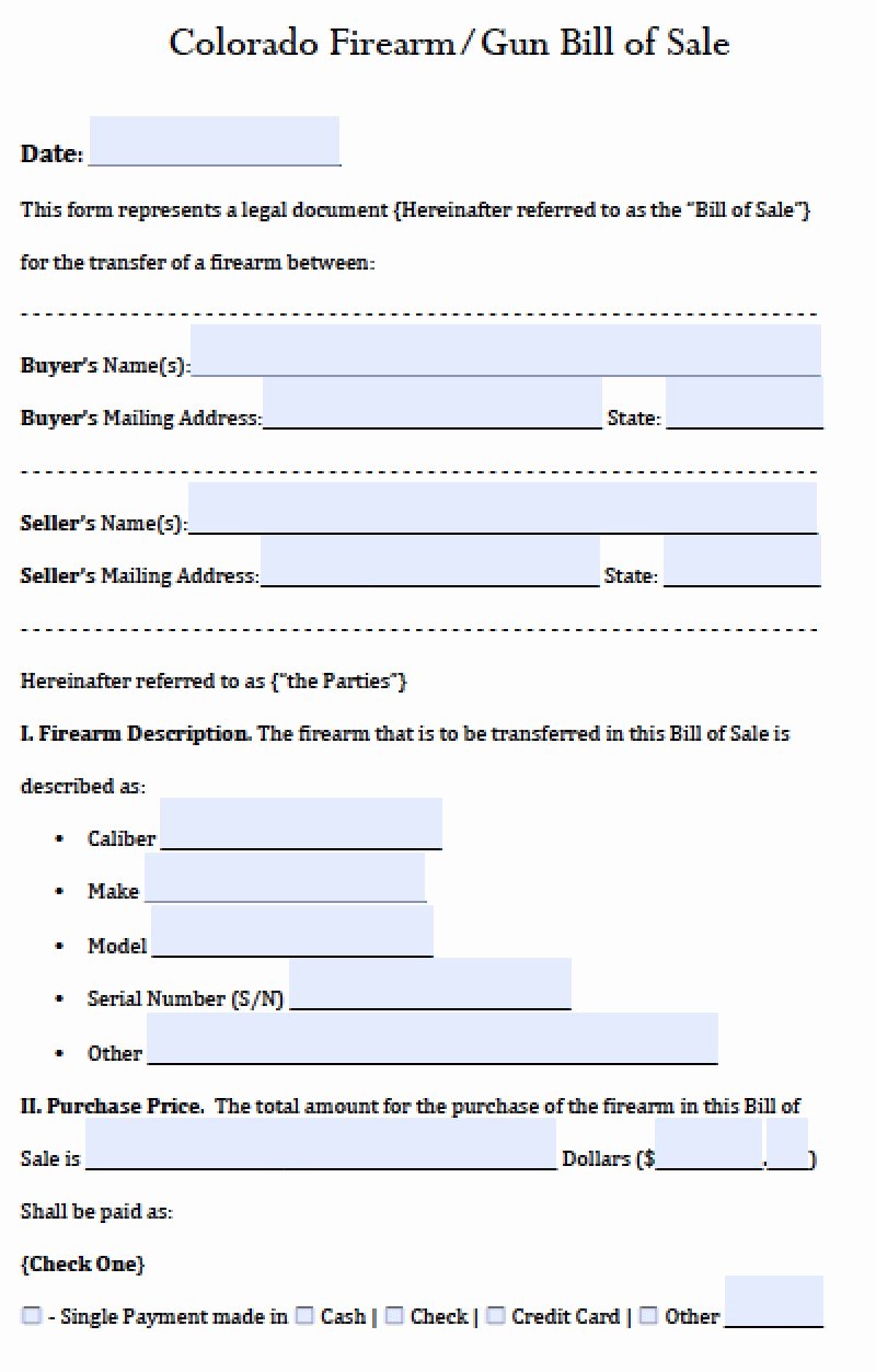 Firearm Bill Of Sale Word Doc Fresh Free Colorado Gun Firearm Bill Of Sale form Pdf