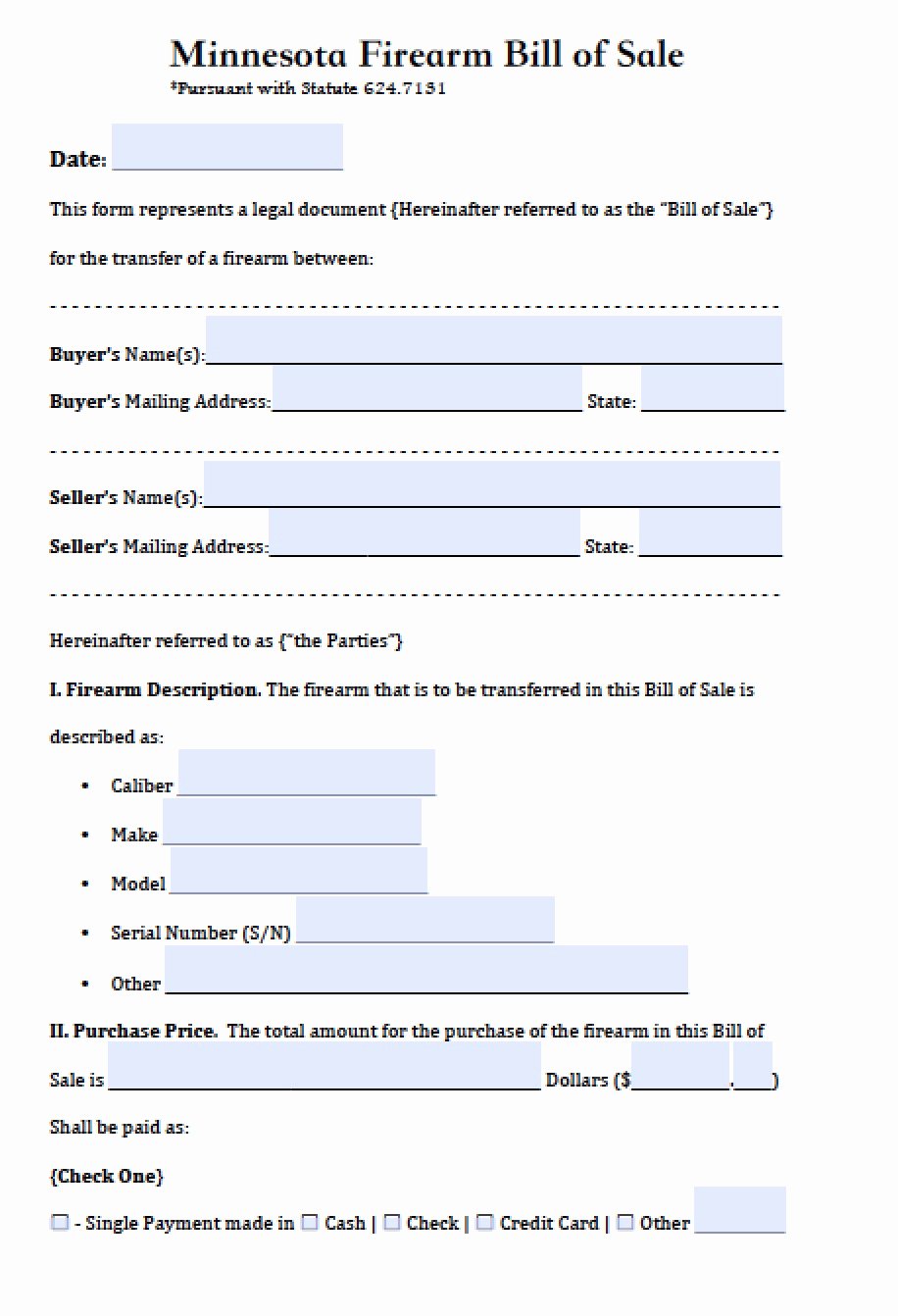 Firearm Bill Of Sale Word Doc Unique Free Minnesota Firearm Bill Of Sale form Pdf
