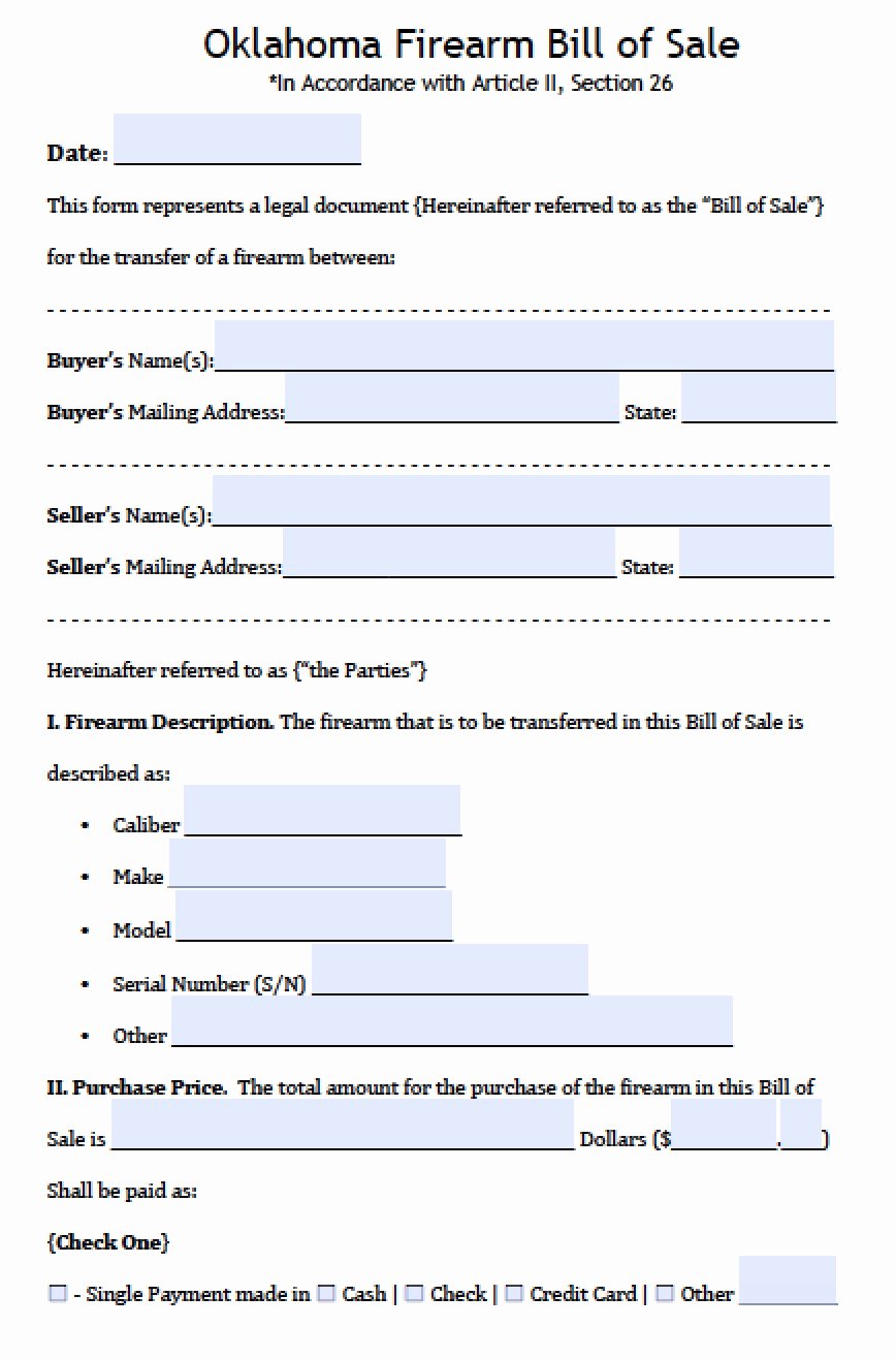 Firearm Bill Of Sale Word Doc Unique Free Oklahoma Firearm Gun Bill Of Sale form Pdf