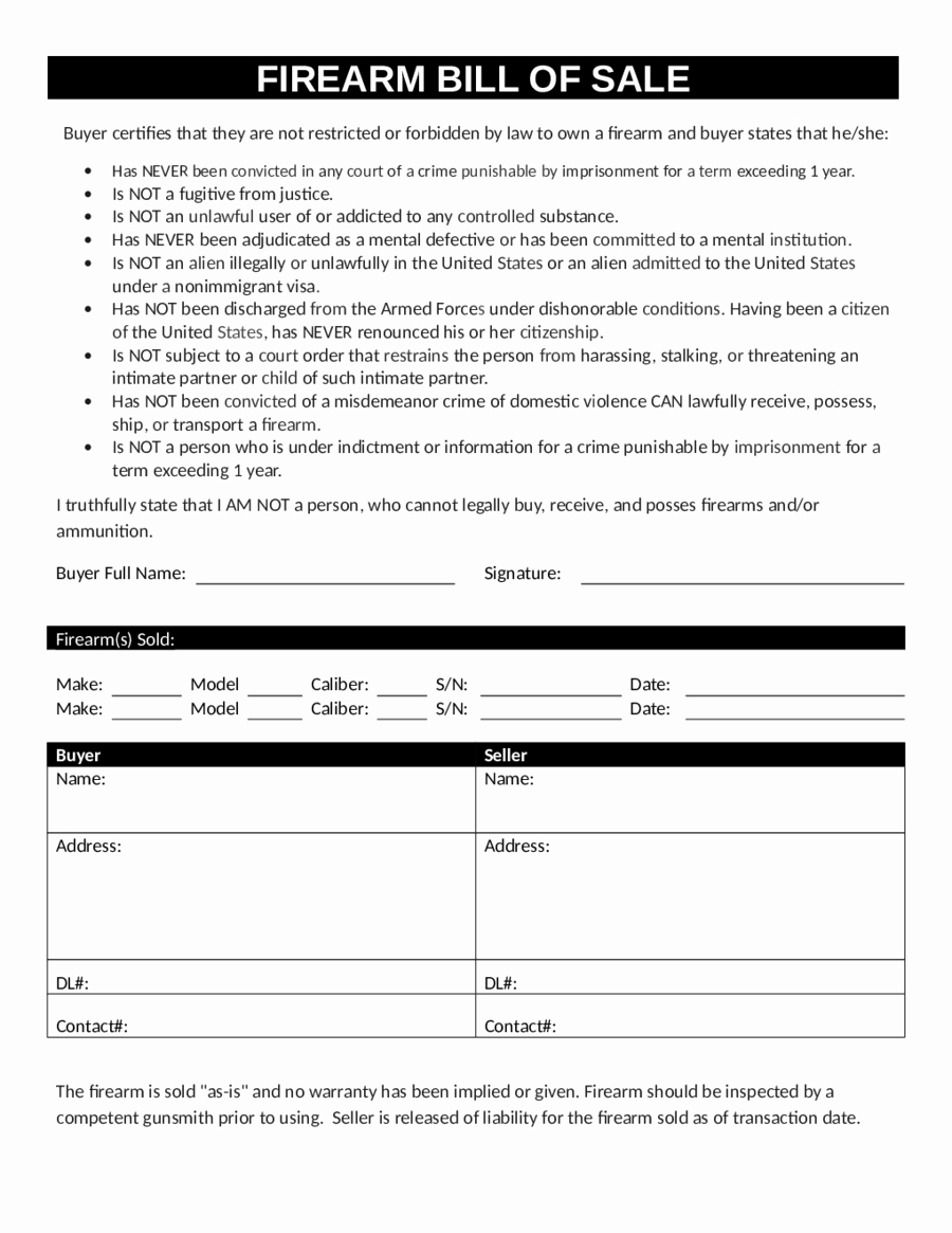 Firearms Bill Of Sale Template Awesome 2019 Firearm Bill Of Sale form Fillable Printable Pdf