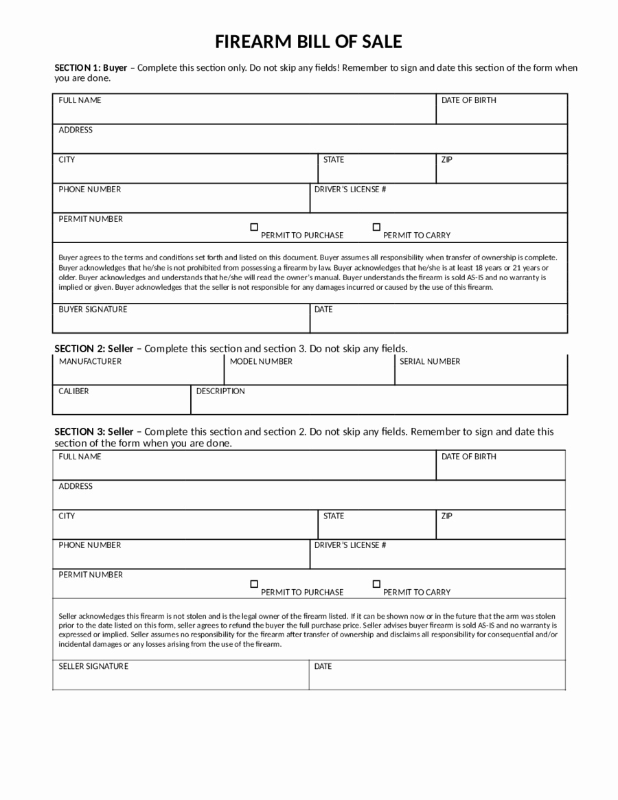 Firearms Bill Of Sale Template Elegant 2019 Firearm Bill Of Sale form Fillable Printable Pdf