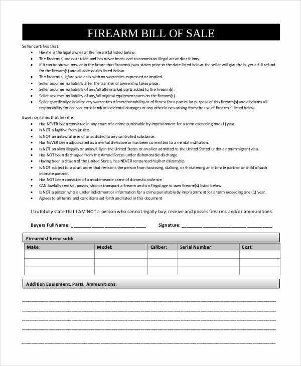 Firearms Bill Of Sale Template Inspirational Sample Firearm Bill Of Sale 6 Documents In Pdf