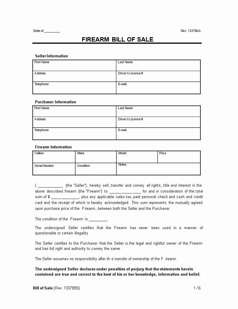 Firearms Bill Of Sale Template Unique Free Bill Sale for Firearm Example