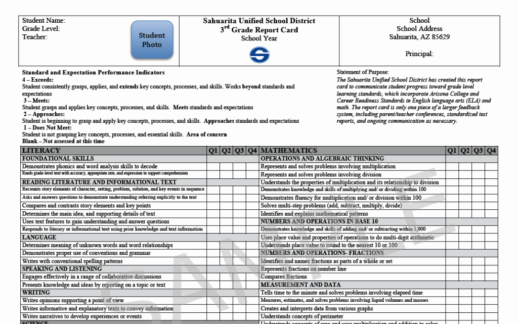 First Grade Progress Report Template Elegant Sahuarita Unified School District Elementary Report Cards
