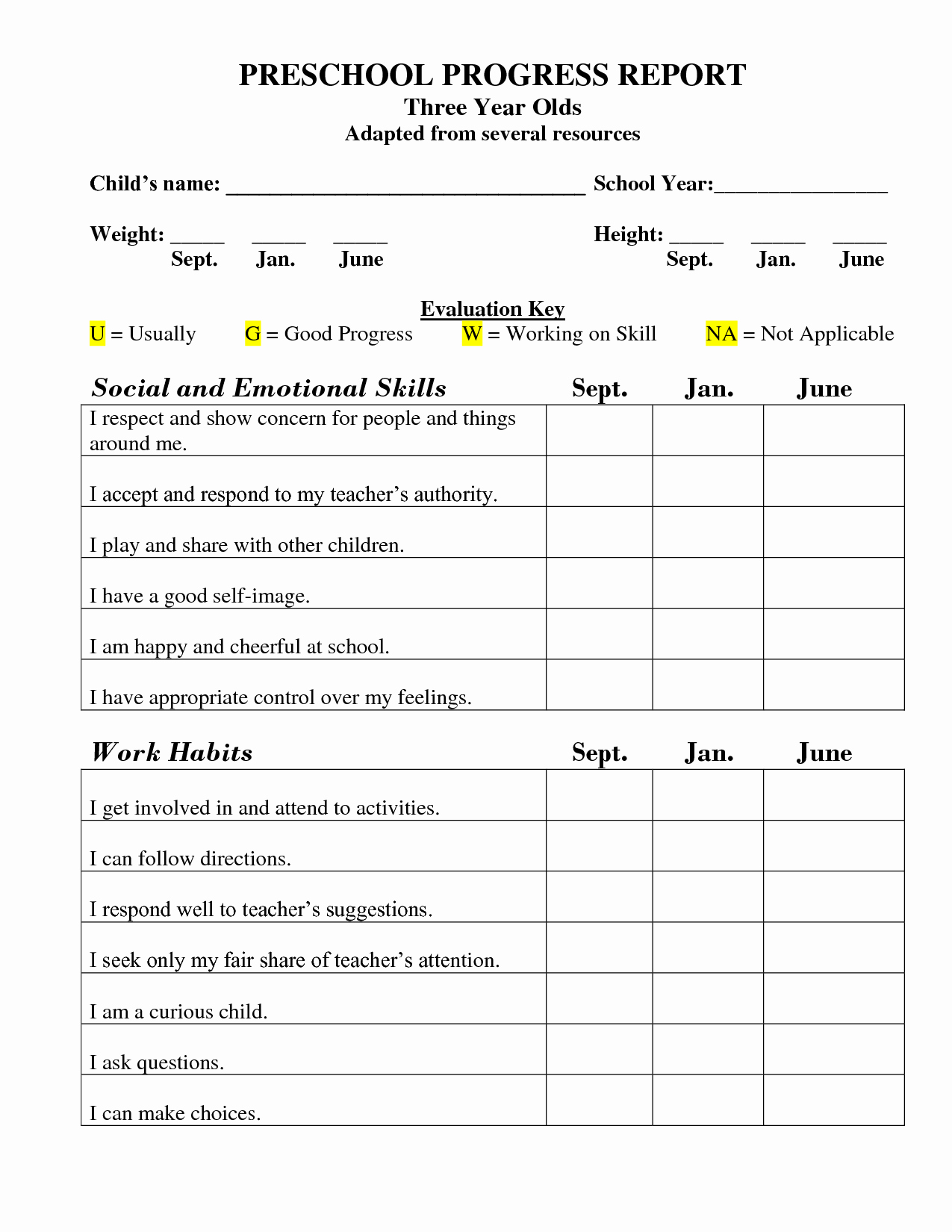 First Grade Progress Report Template Fresh Printable Preschool Progress Report Template