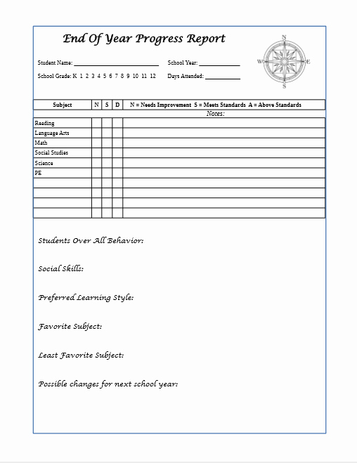 First Grade Progress Report Template New Free Printable Homeschool End Of Year form A Little