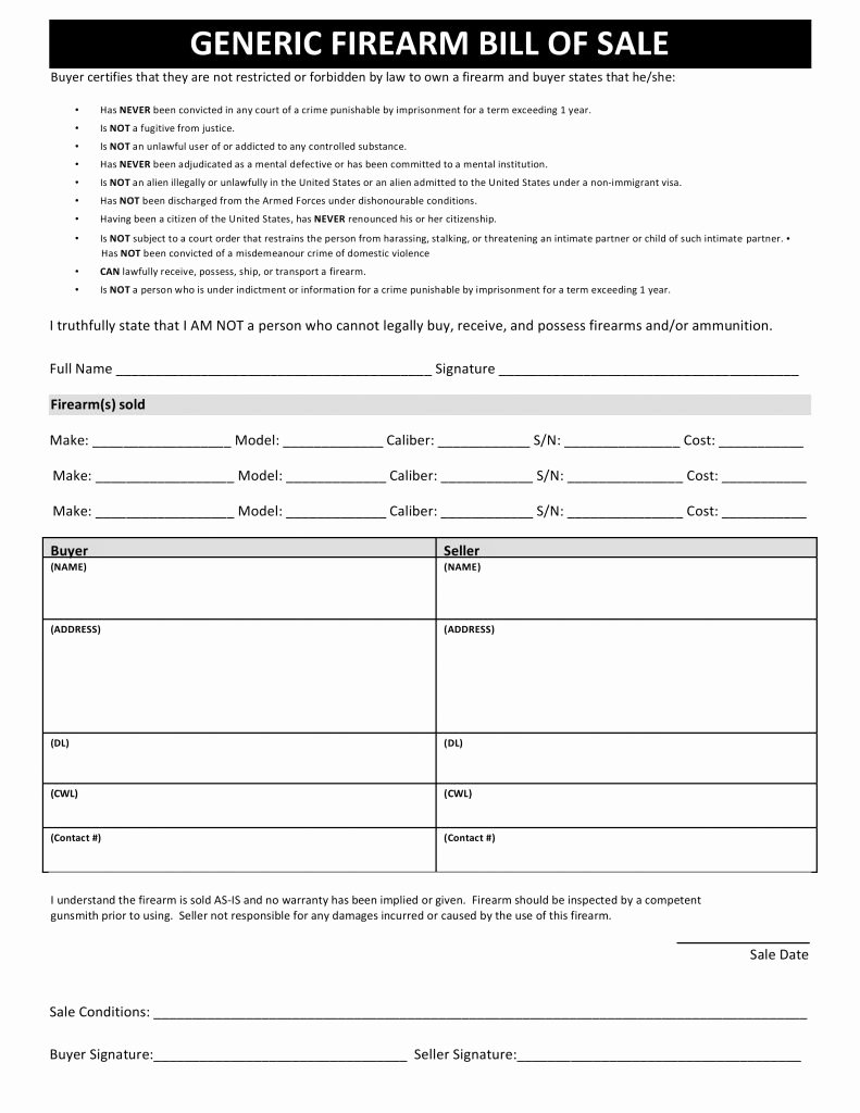 Florida Firearm Bill Of Sale Inspirational Free Firearms Bill Of Sale forms Pdf