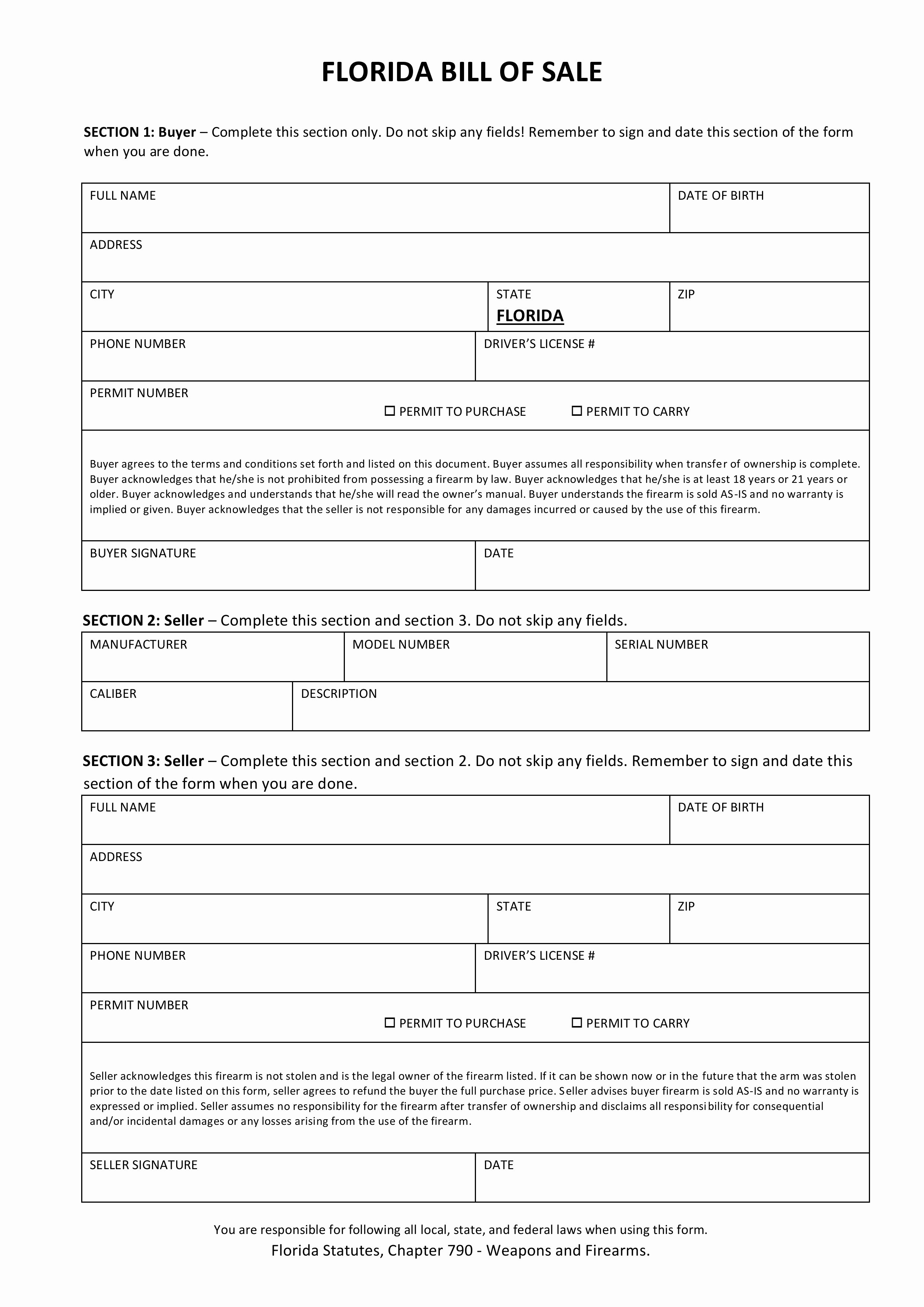 Florida Firearm Bill Of Sale Lovely Free Florida Firearm Bill Of Sale form Pdf