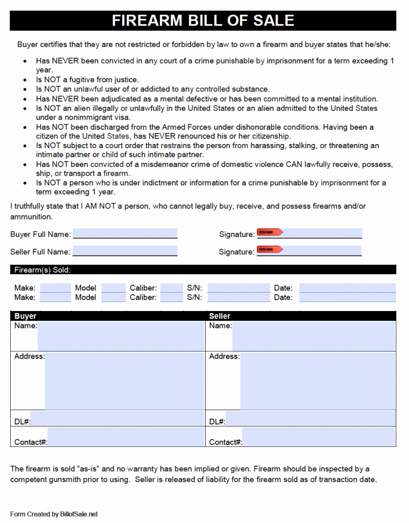 Florida Firearms Bill Of Sale Inspirational Free Firearm Gun Bill Of Sale forms Pdf