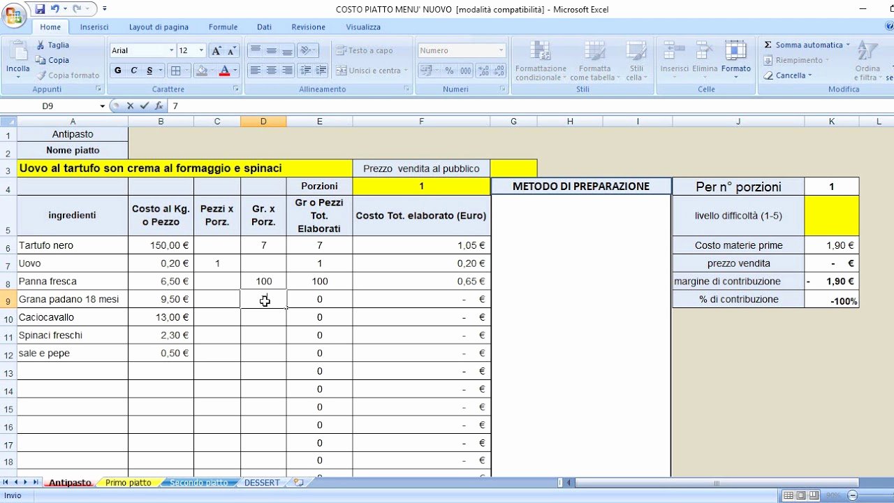 Food Cost Spreadsheet Excel Awesome E Calcolare Il Food Cost Con Excel