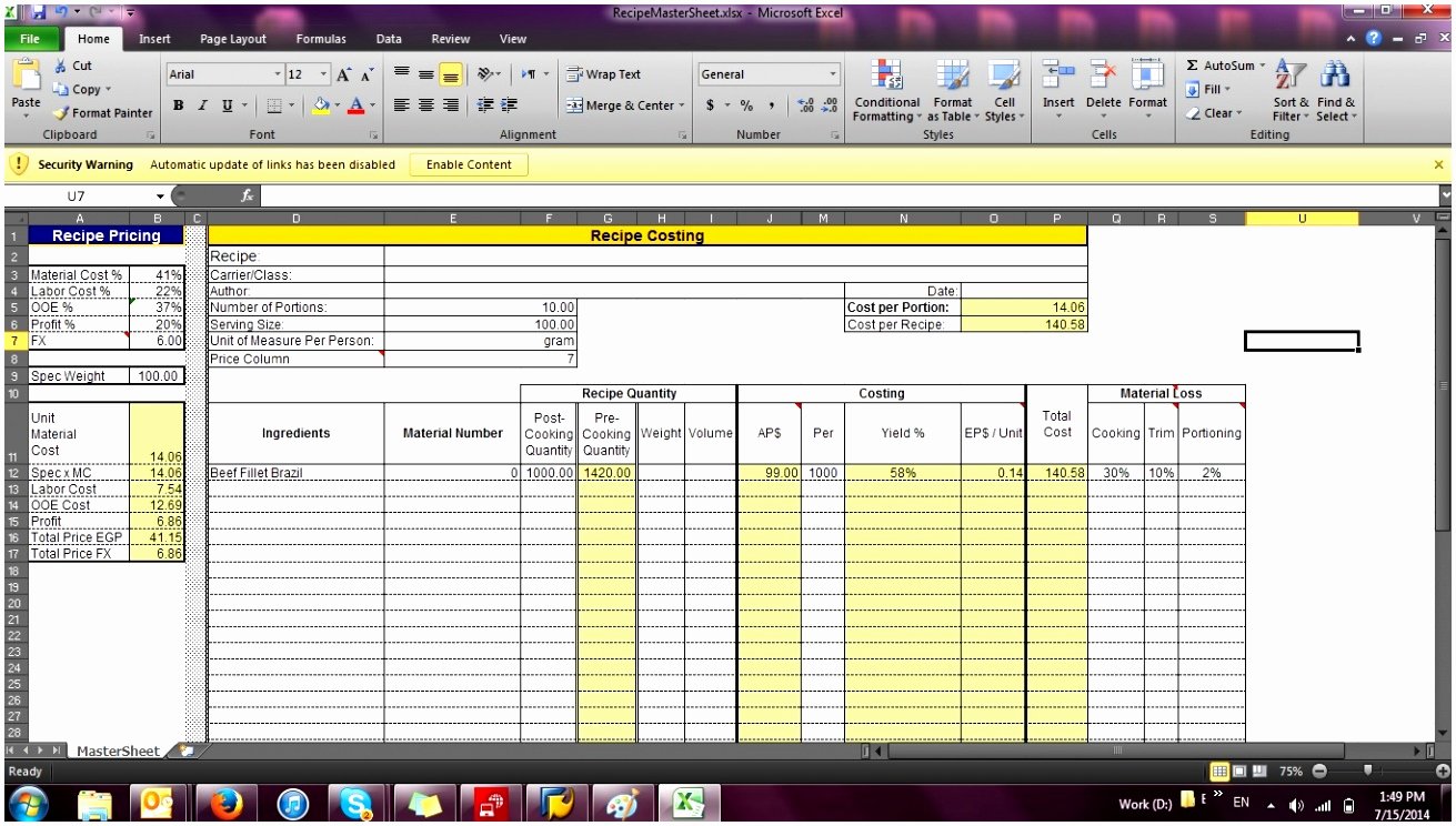 Food Cost Spreadsheet Excel Unique 8 Food Cost Excel Template Teaot