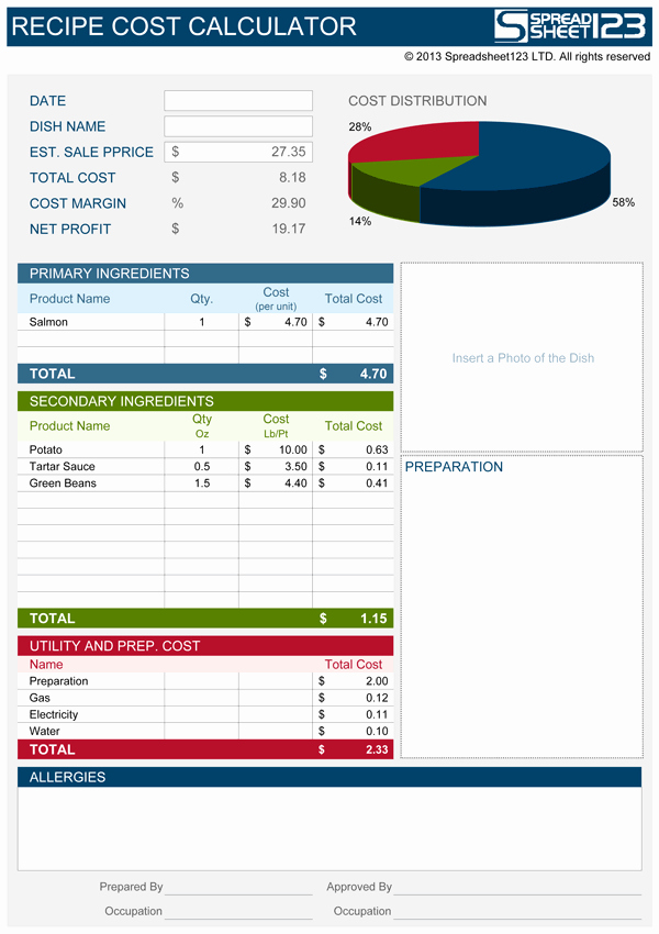 Food Costing Template Beautiful Recipe Cost Calculator for Excel Spreadsheet123