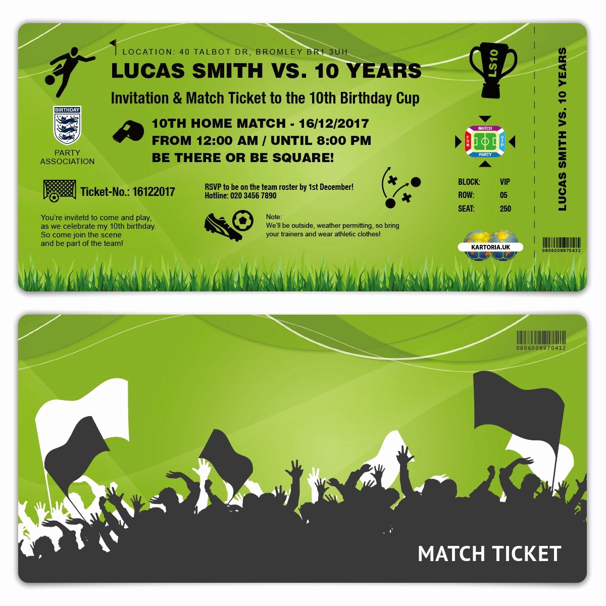 Football Ticket Birthday Invitations Elegant Kids Birthday Invitation Green Football Match Ticket