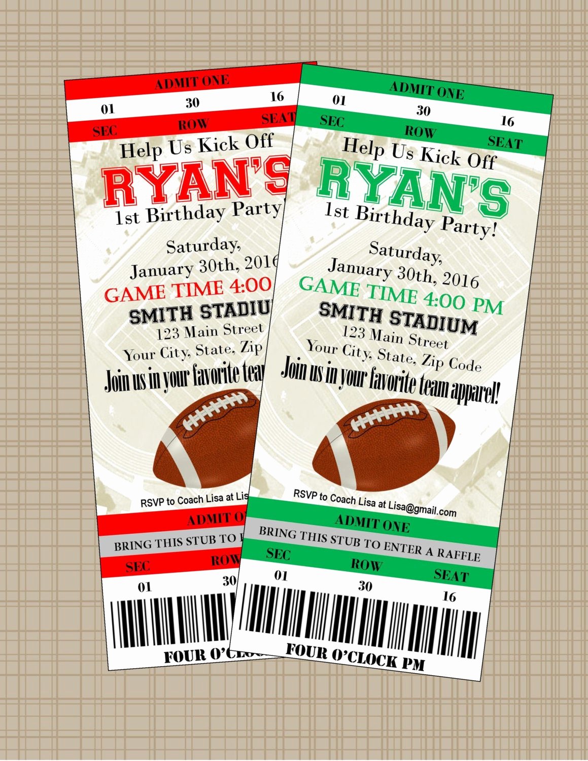 Football Ticket Birthday Invitations Lovely Football Game Ticket themed First Birthday Party
