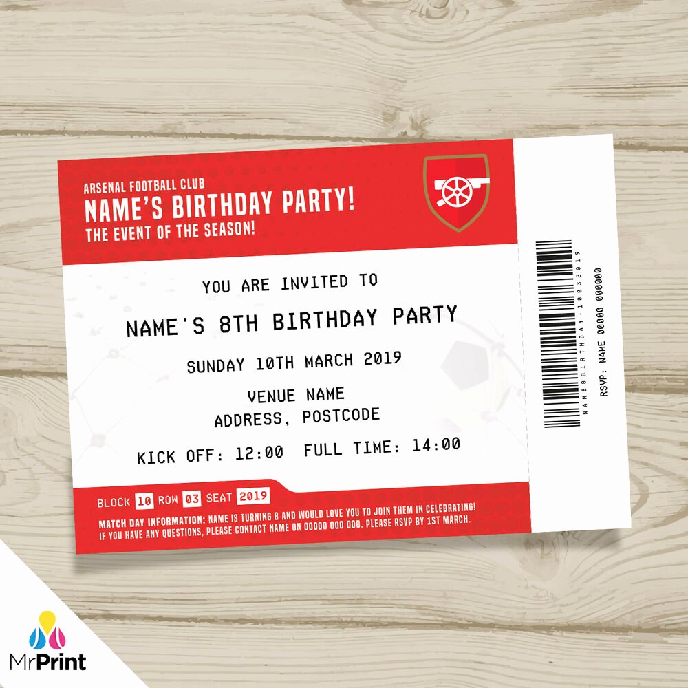 Football Ticket Birthday Invitations New Arsenal Fc Personalised Kids Adults Football Ticket Party