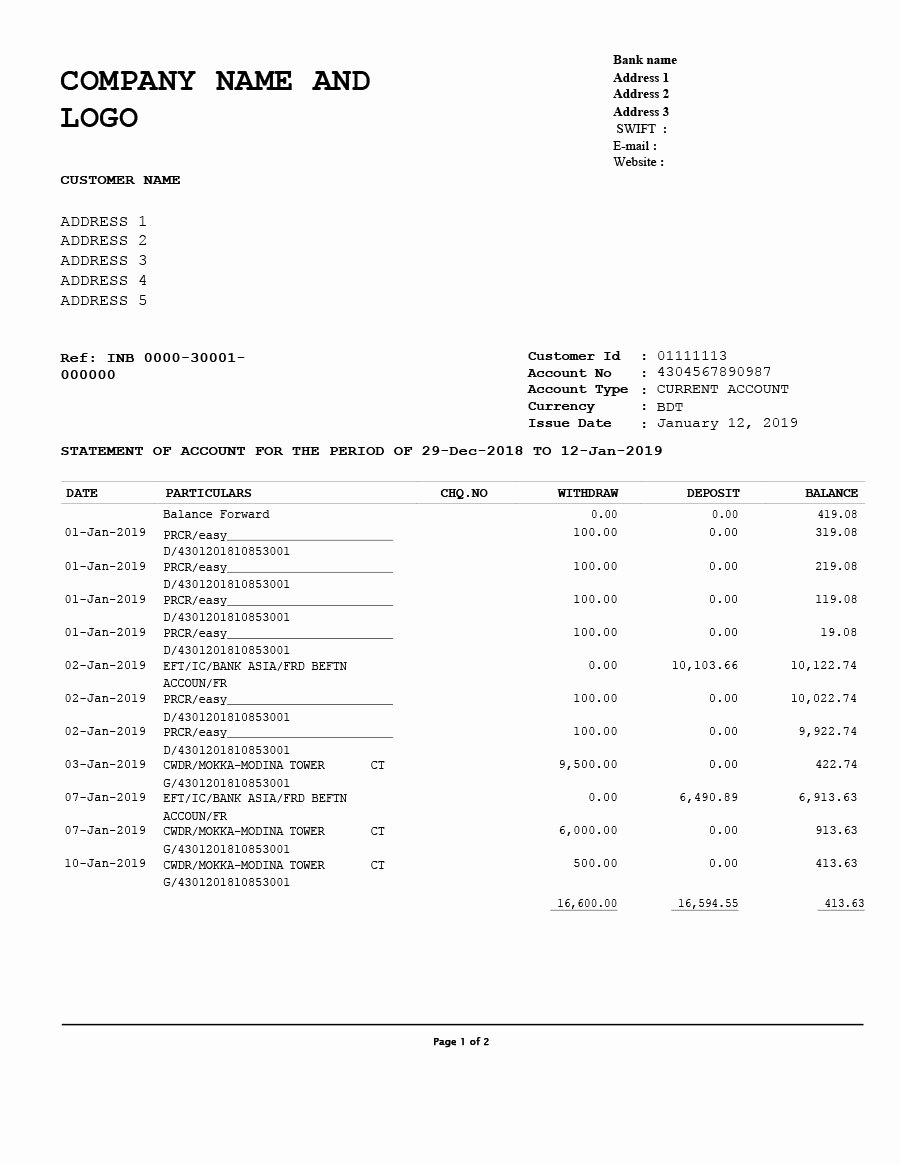 Free Bank Statement Template New 23 Editable Bank Statement Templates [free] Template Lab