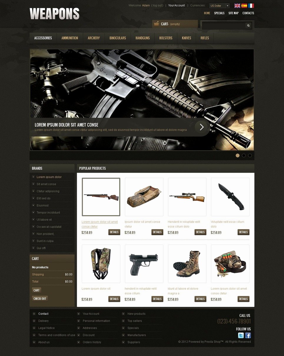 Free Firearms Website Templates Beautiful Weapons &amp; Cold Steel Prestashop theme