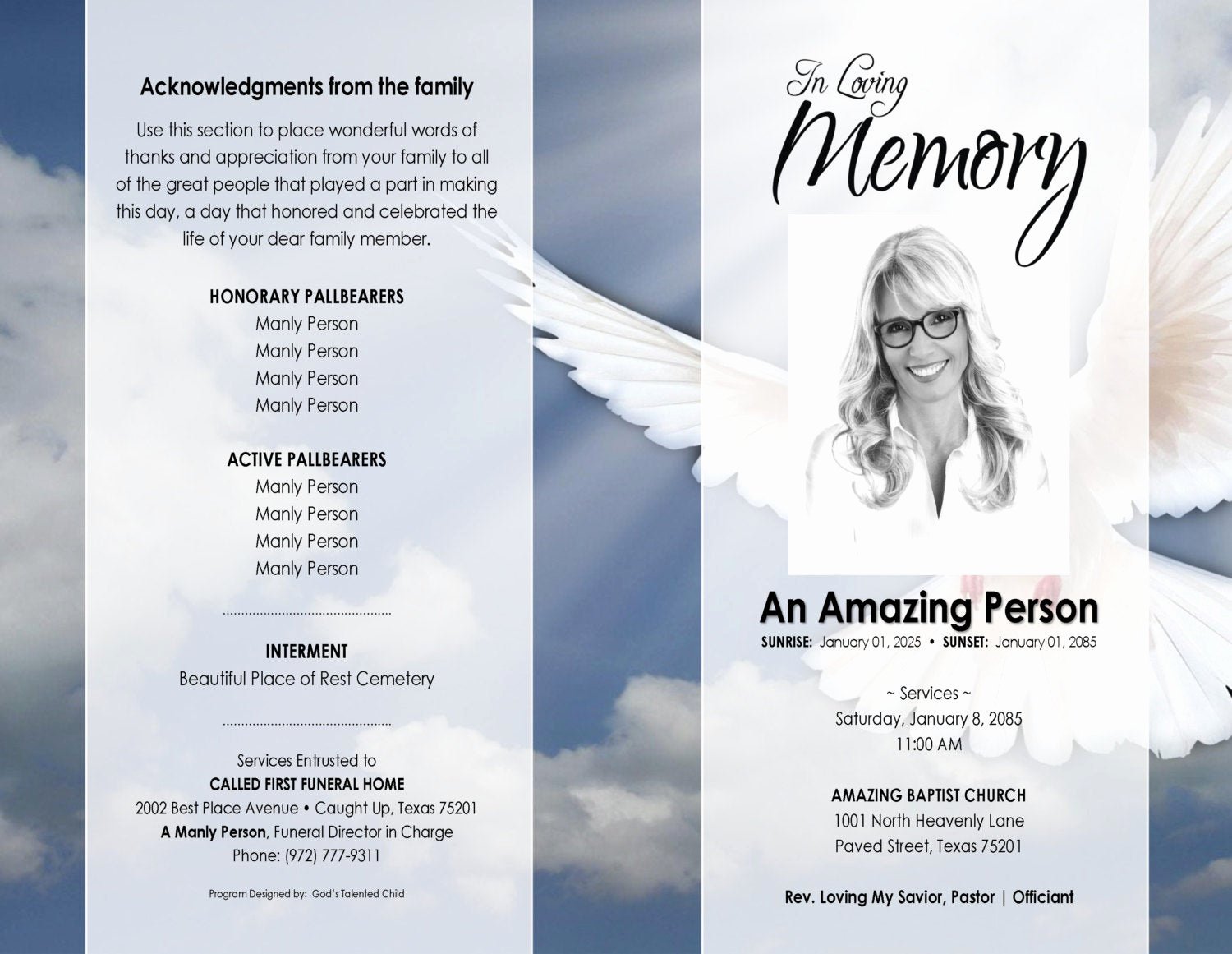 Free Funeral Program Template Word Elegant 11x17 Heavenly Dove Printable Funeral Program