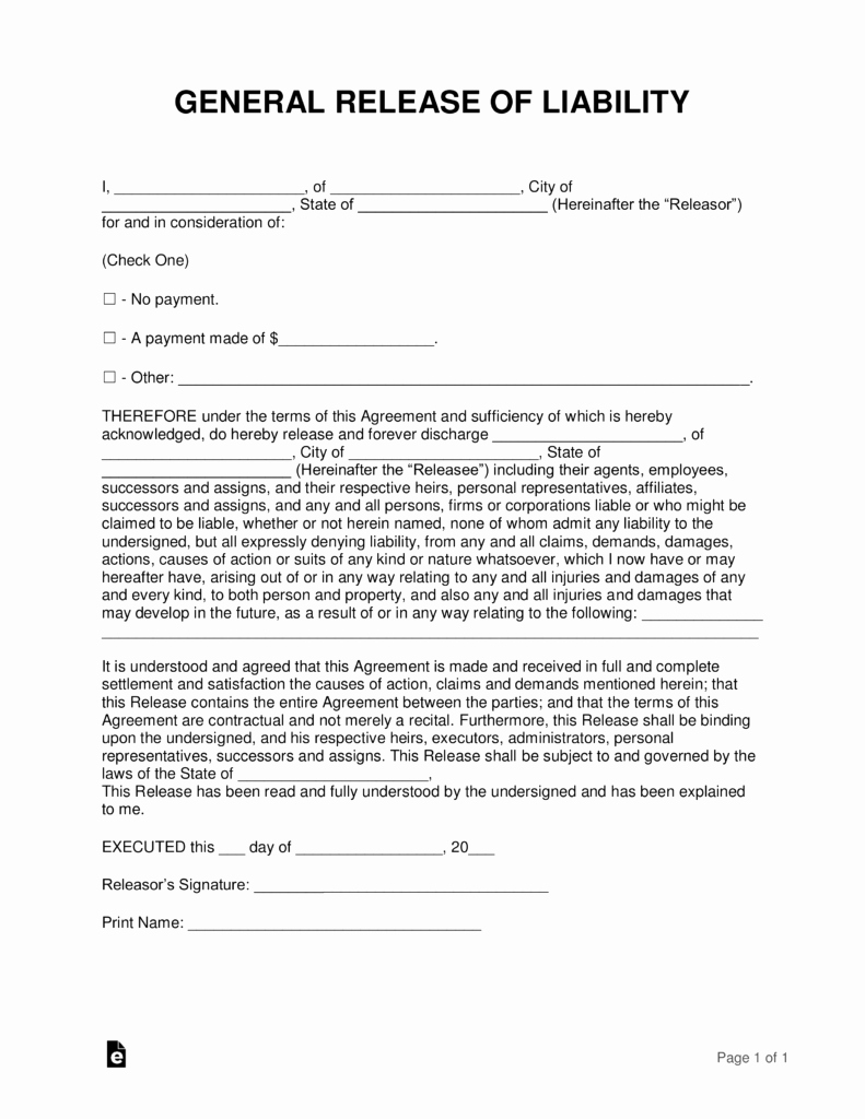 Free General Release form Template Elegant Free Release Of Liability Hold Harmless Agreement