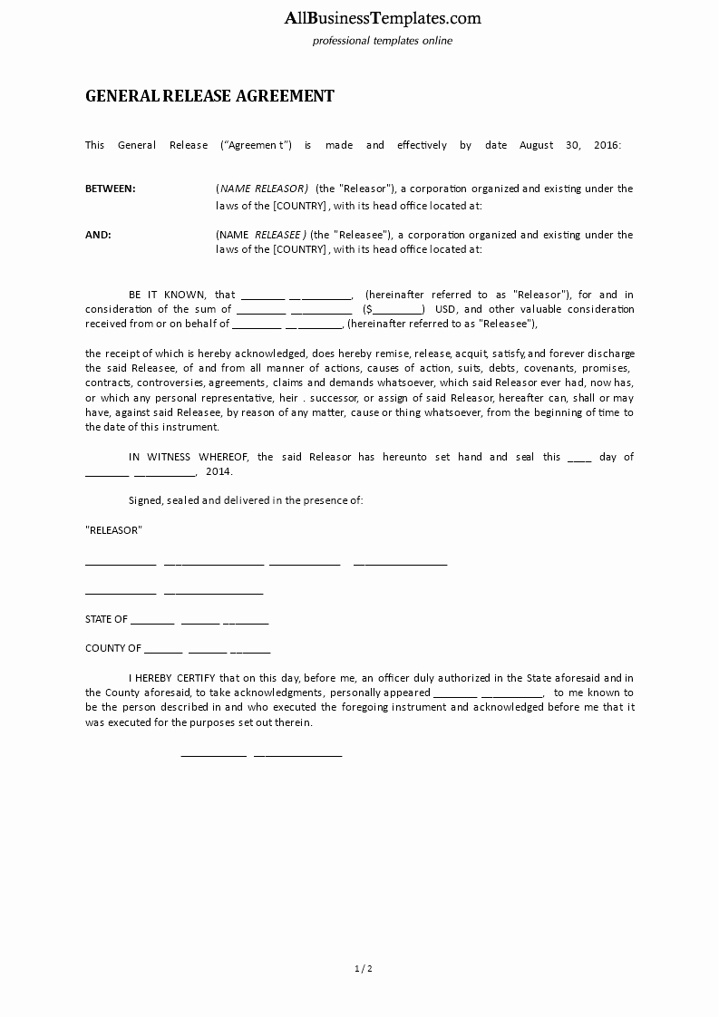 Free General Release form Template Inspirational Free General Release form