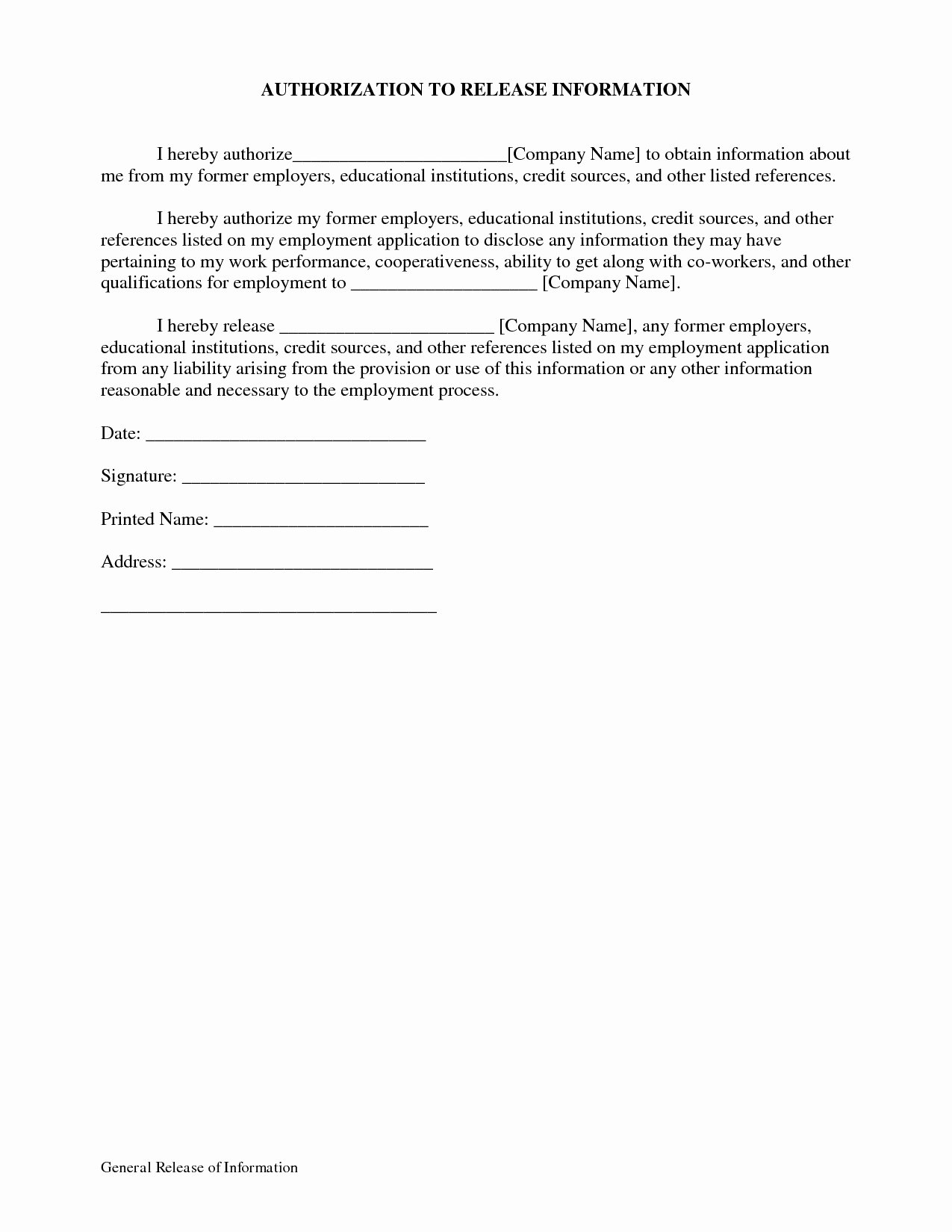 Free General Release form Template Lovely General Release Information form