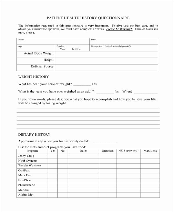 Free Medical History Questionnaire Template Elegant Sample Patient Health Questionnaire form 8 Free