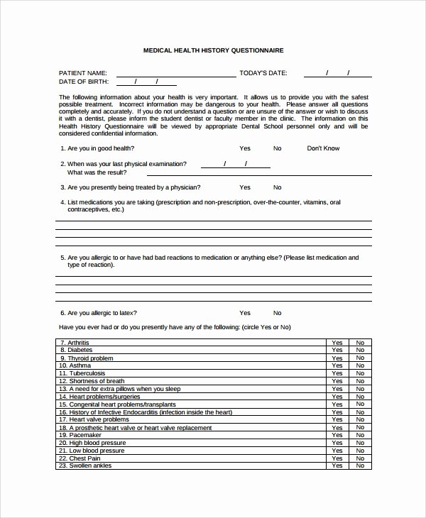 Free Medical History Questionnaire Template Fresh Sample Health History Template 9 Free Documents