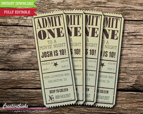 Free Movie Ticket Template for Word Beautiful Editable Vintage Movie Ticket Invitation Digital File