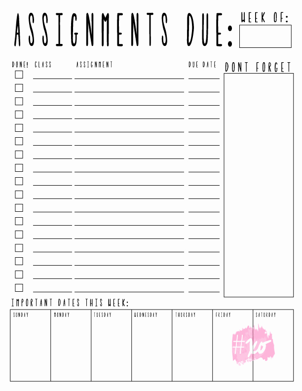 Free Printable Homework Planner New Weekly assignments Printable — Alex Marie