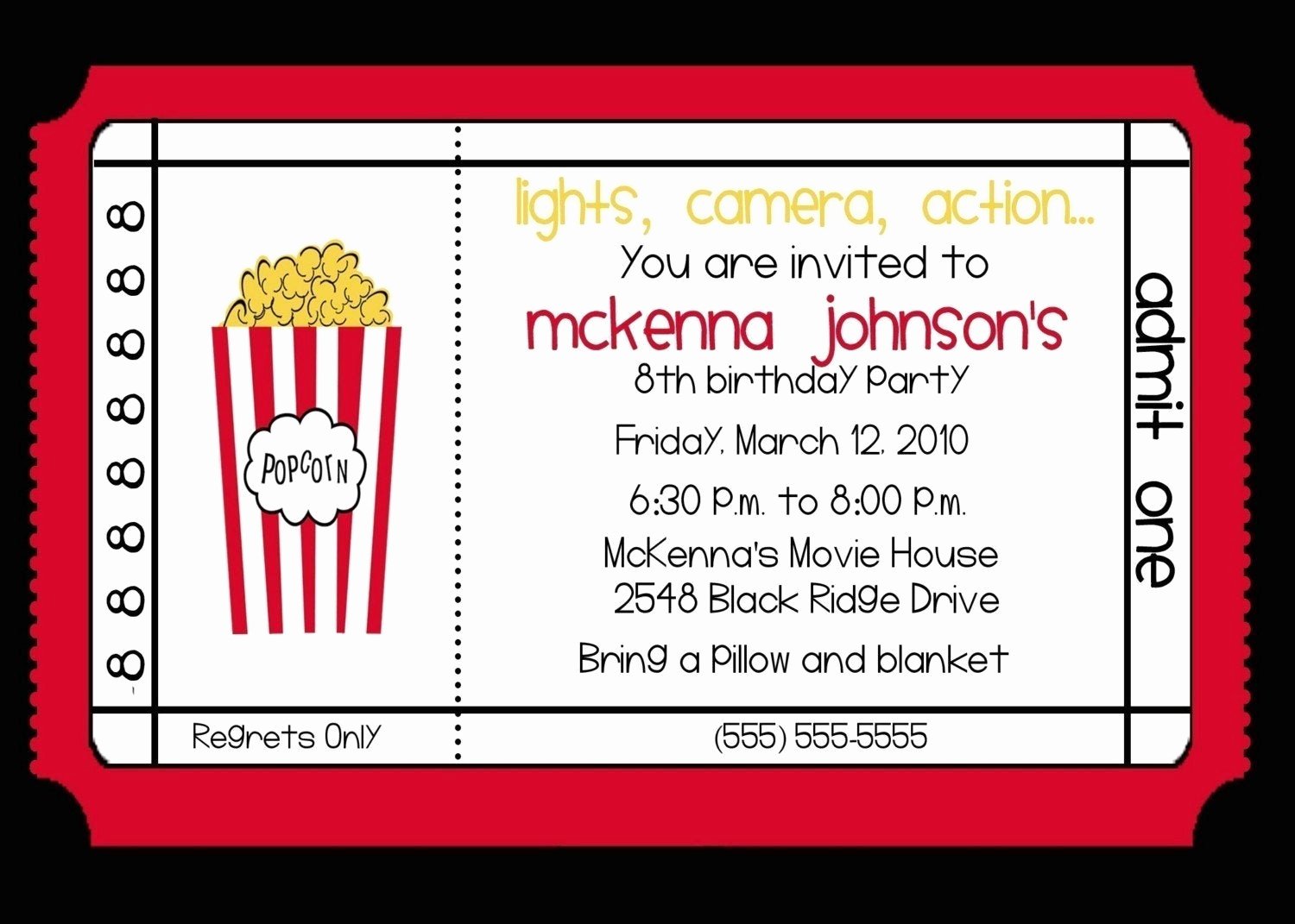 Free Printable Movie Ticket Invitations Fresh Movie theater Birthday Party Invitation by Nattysuedesigns1