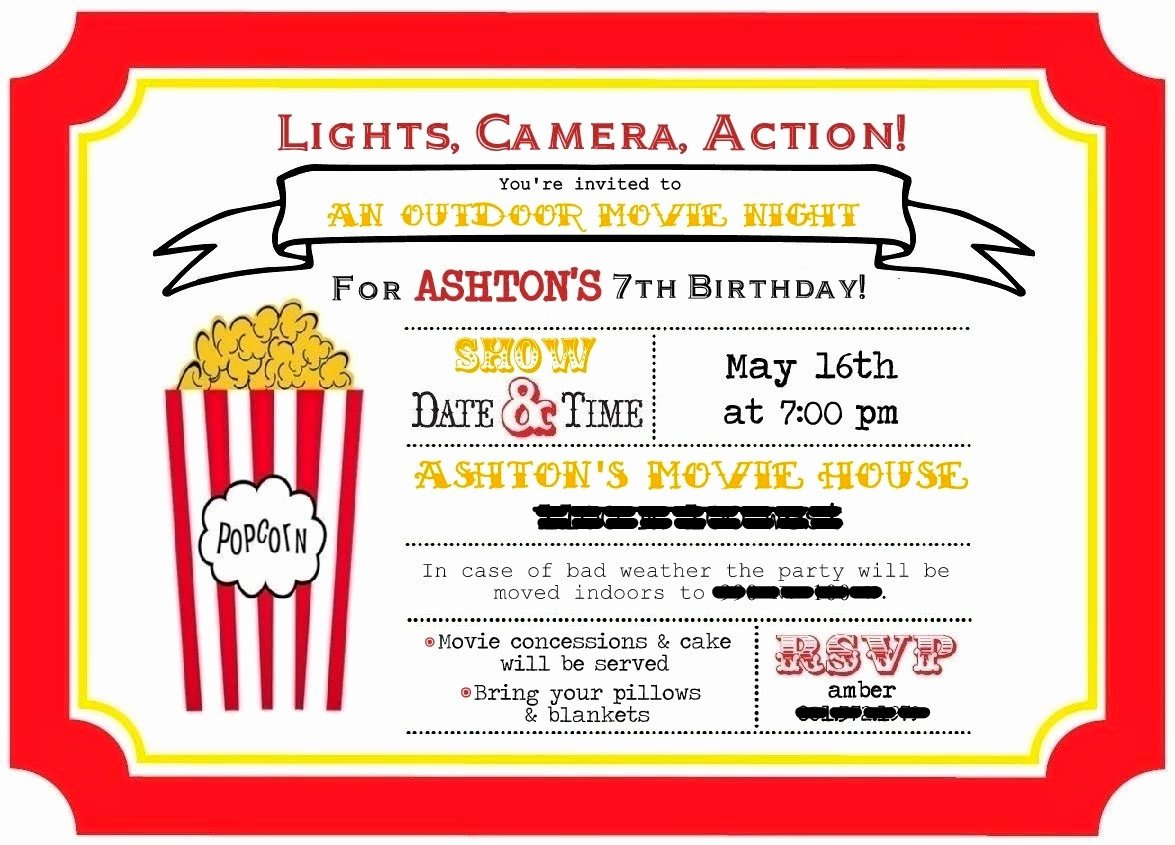 Free Printable Movie Ticket Invitations Luxury Ferguson Four ashton Turns 7 Outdoor Movie Night Birthday