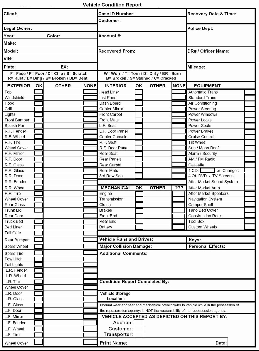 Free Printable Vehicle Condition Report Template New California Repossession Agency License Test