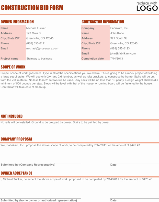 Free Proposal Templates for Word Inspirational Construction Proposal Template