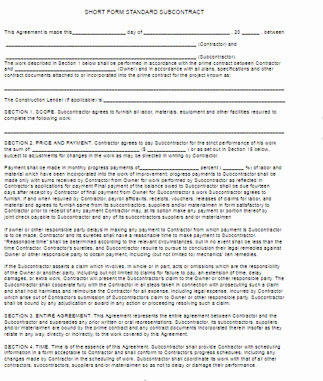 Free Subcontractor Agreement Template Word Luxury Subcontractor Agreement