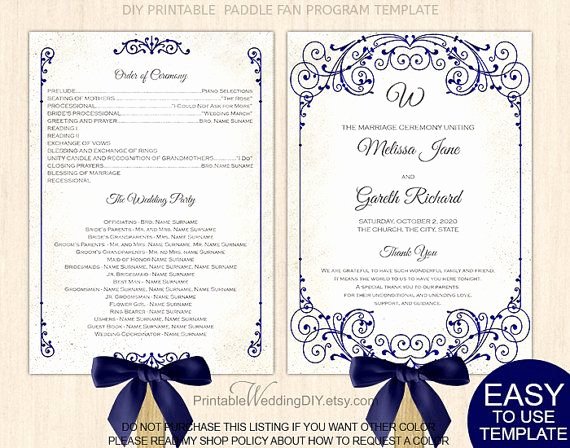 Free Wedding Program Fan Templates Elegant Navy Blue Vintage Scroll Fan Program Template Paddle Fan