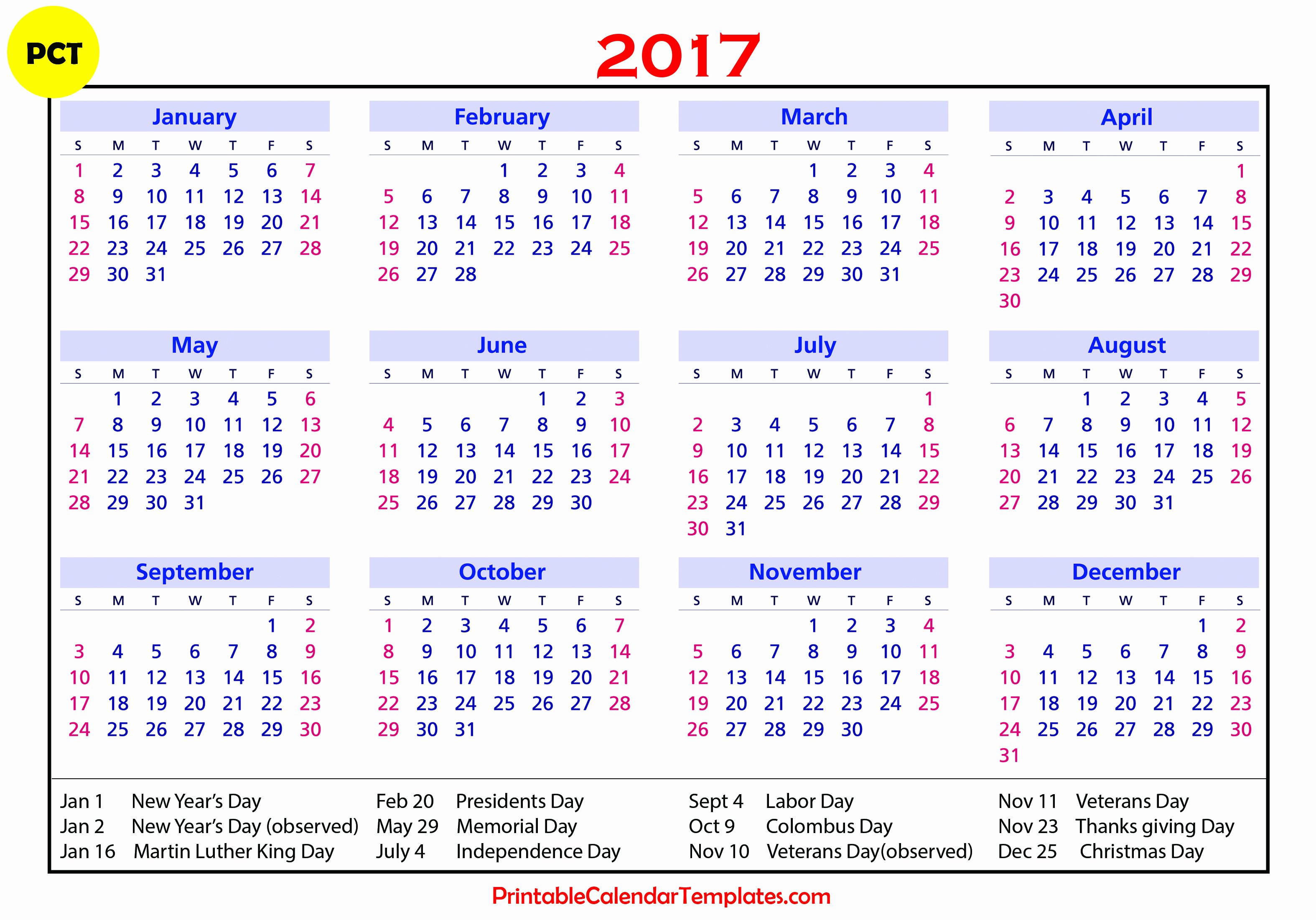 Free Yearly Calendar 2017 Fresh 2017 Calendar with Holidays