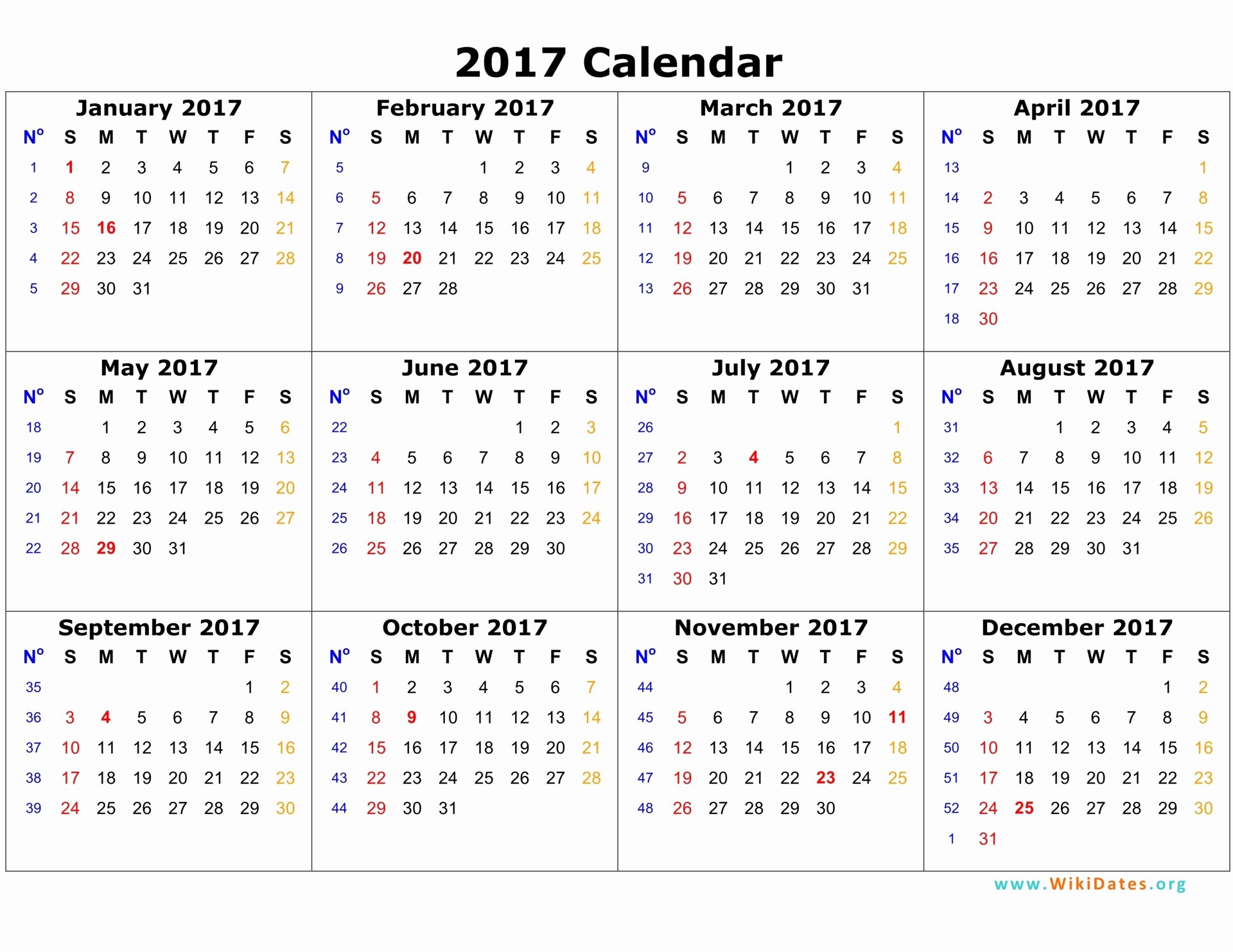 Free Yearly Calendar 2017 Inspirational 2017 Calendar