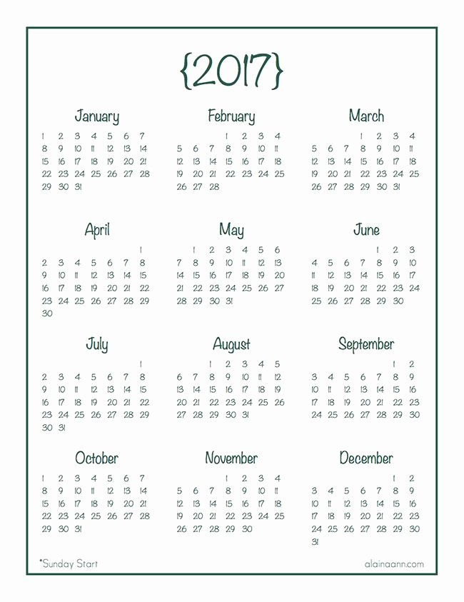 Free Yearly Calendar 2017 Lovely 2017 Year at A Glance Calendar Free Printable Alaina