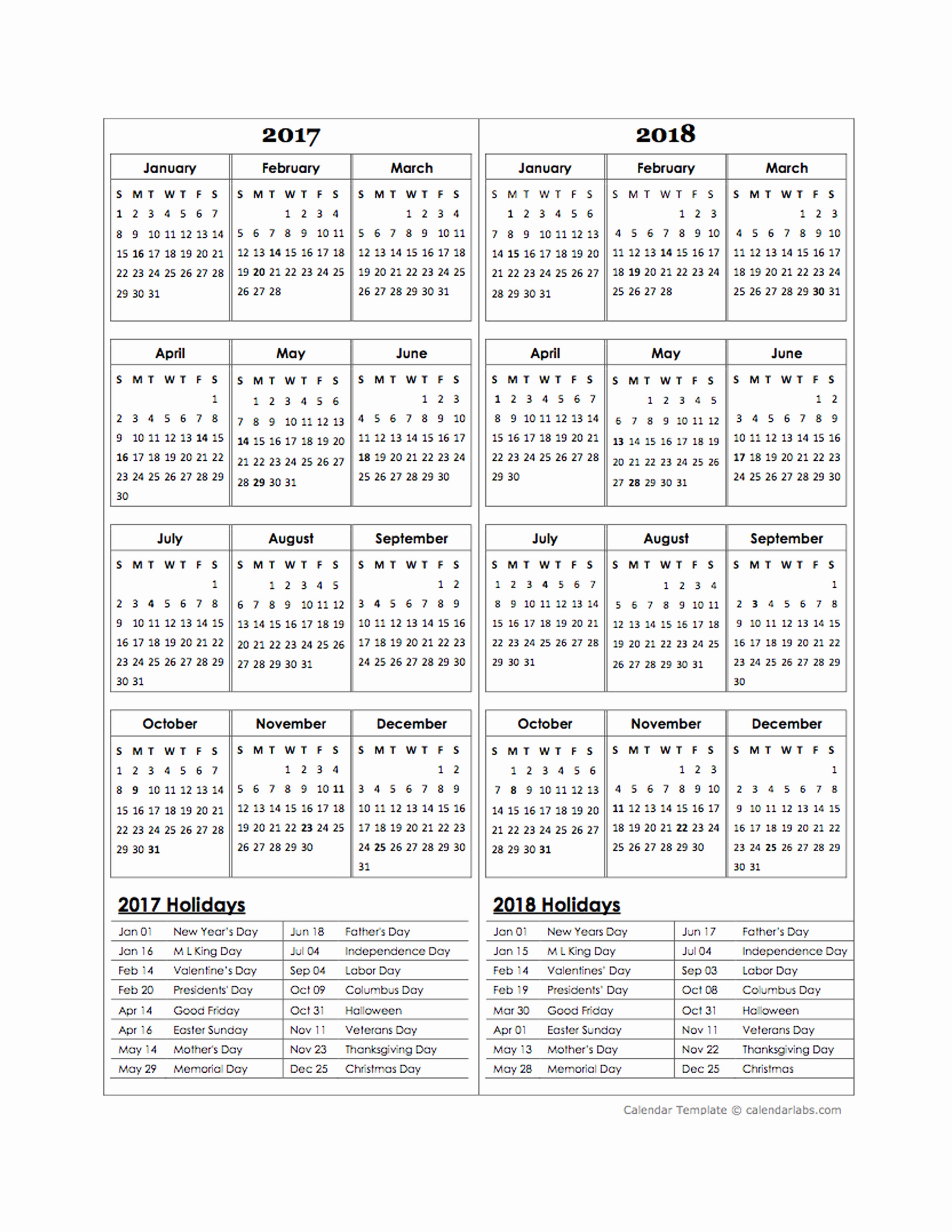 Free Yearly Calendar 2017 Lovely Two Year Calendar Template 2017 and 2018 Free Printable