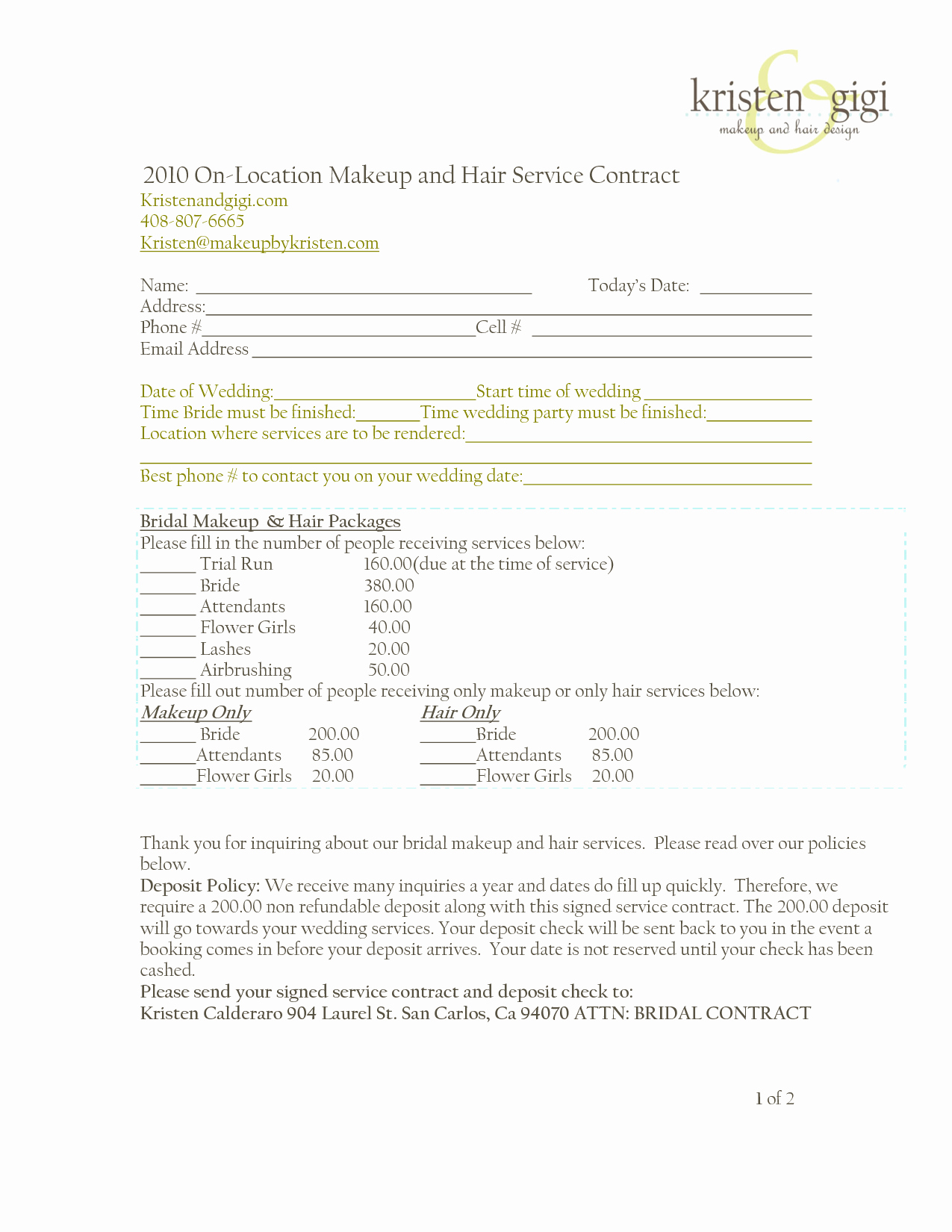 Freelance Makeup Artist Contract Templates Awesome Bridalhaircotract