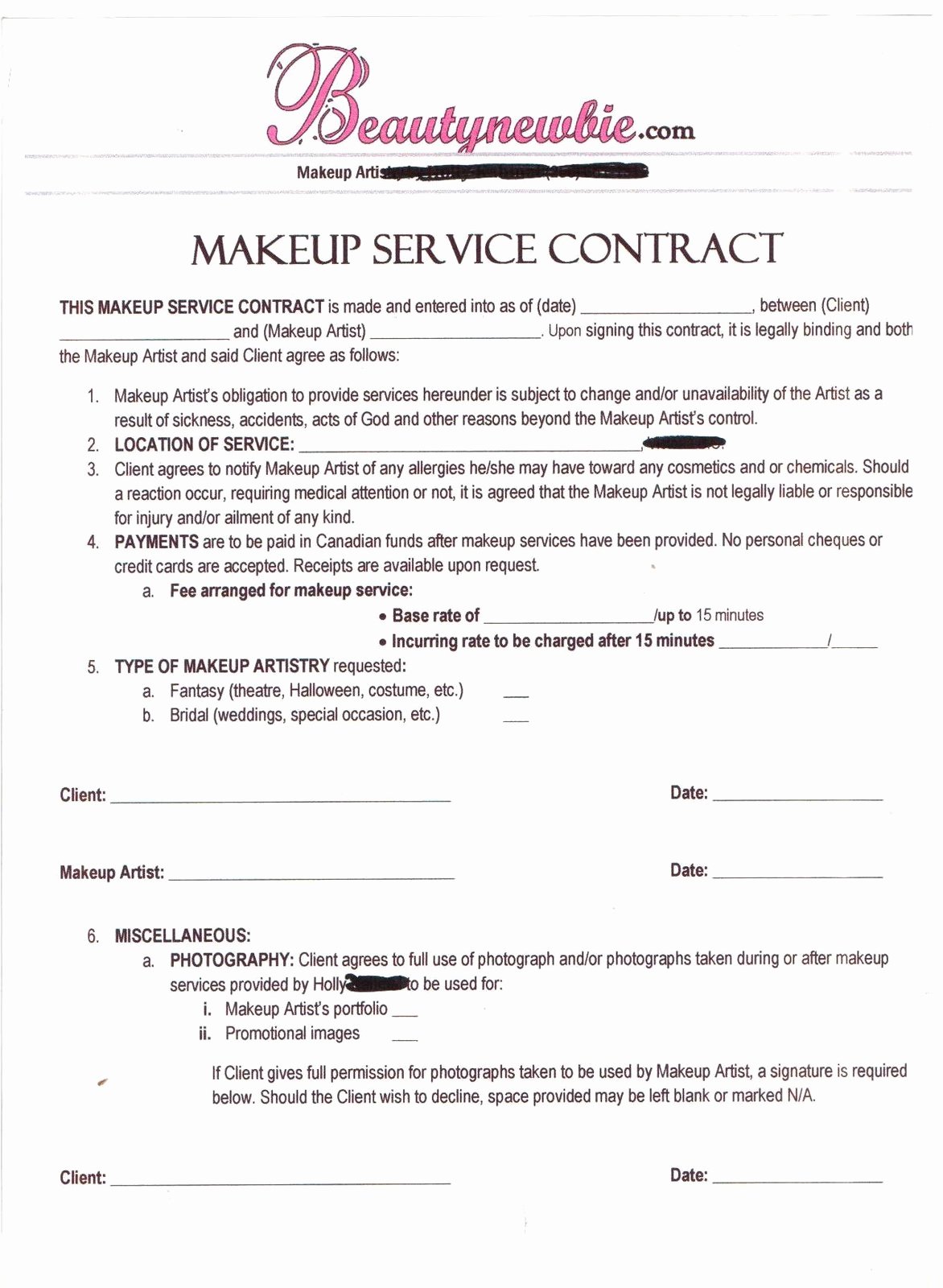 Freelance Makeup Artist Contract Templates Unique Freelance Makeup Artist Contract Template