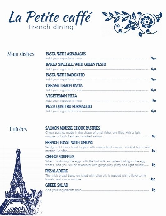 French Menu Design New French Cafe Menu Template with Illustrations