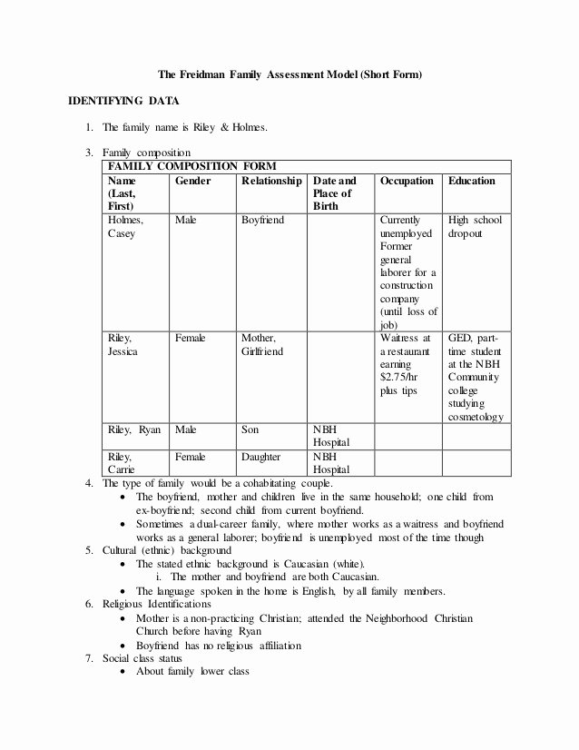 Friedman Family assessment Model Short form Template Lovely Chelsea Zabala 4 20 15 Riley &amp; Holmes Friedman