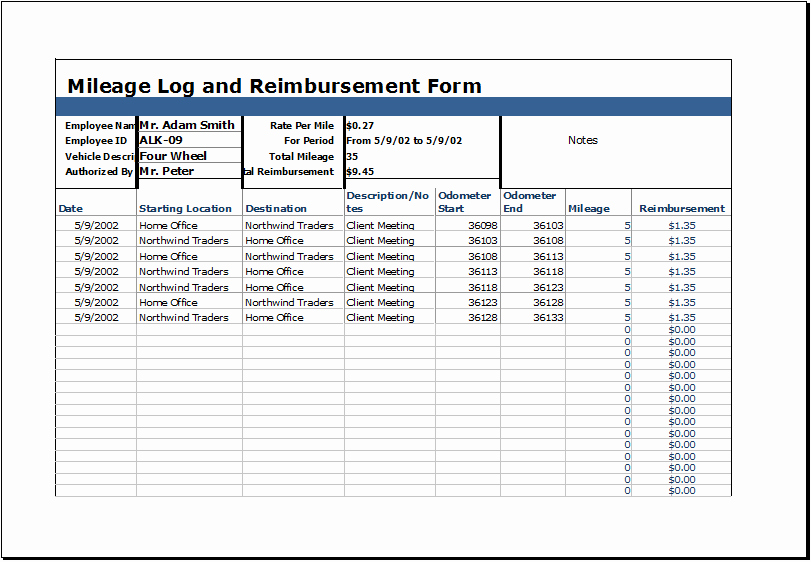 Fuel Log Book Template Excel Inspirational Mileage Log with Reimbursement form Ms Excel