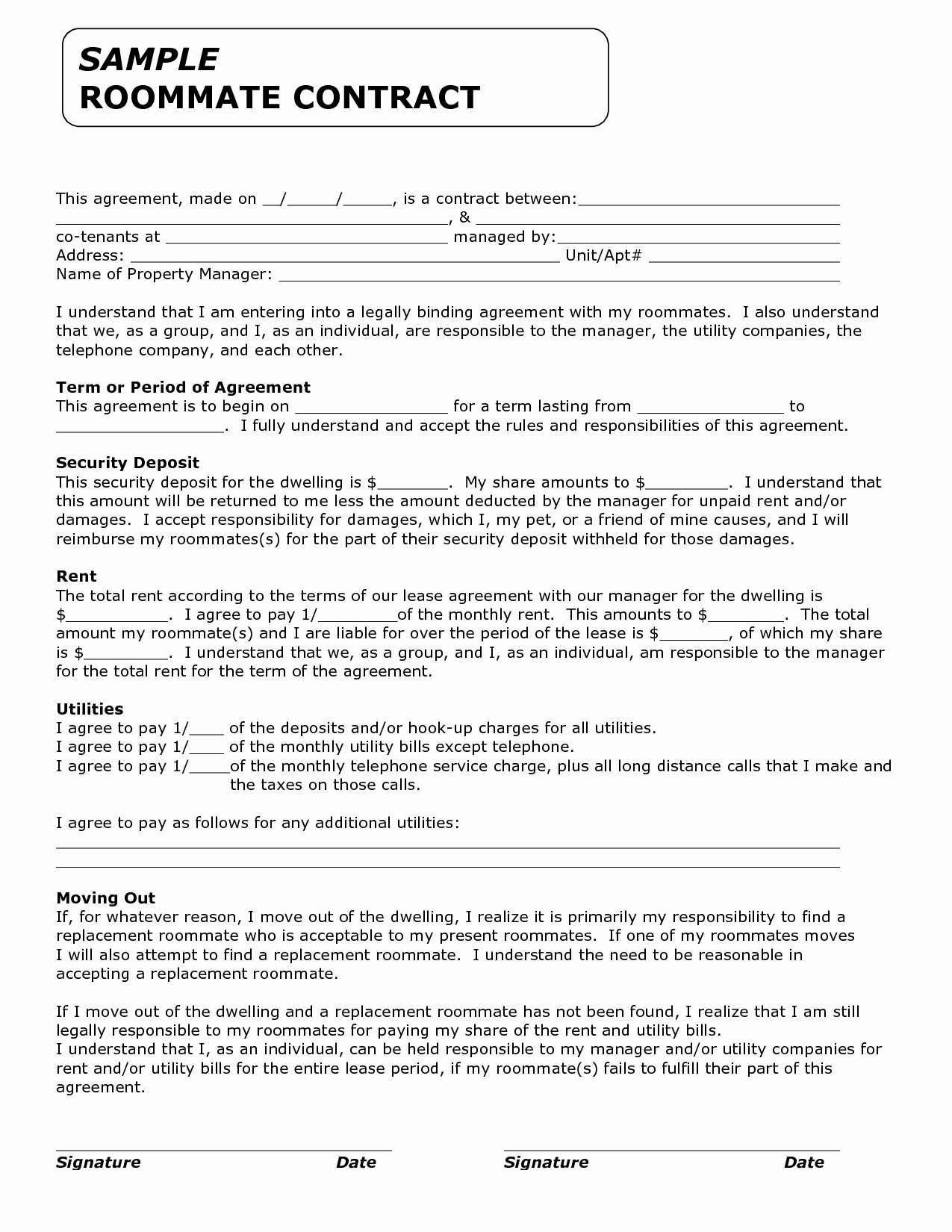 Funny Roommate Agreement Lovely Roommate Agreement Template Printable Free Download