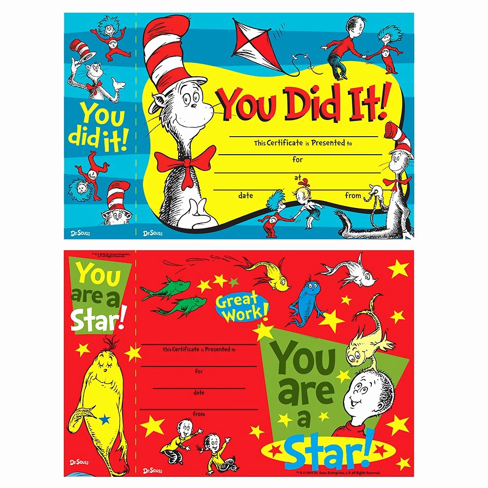 G.go/itcertificate Awesome 6 Ct Dr Seuss Reward Certificate with Bonus Bookmark